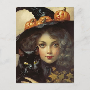 Vintage Hexe und schwarze Katze Jack O Lantern Postkarte
