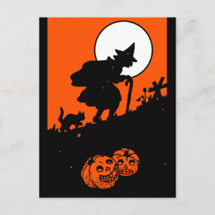 Vintage Hexe und schwarze Katze Silhouette Postkarte