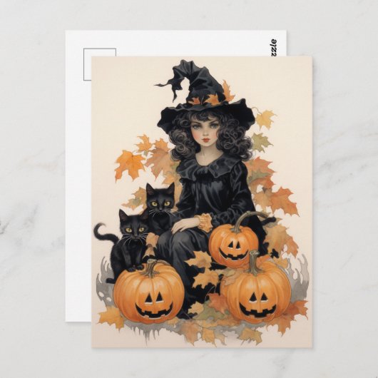 Vintage Hexe und Schwarze Katzen Halloween Postkarte (Vorne/Hinten)