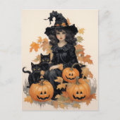 Vintage Hexe und Schwarze Katzen Halloween Postkarte (Vorderseite)