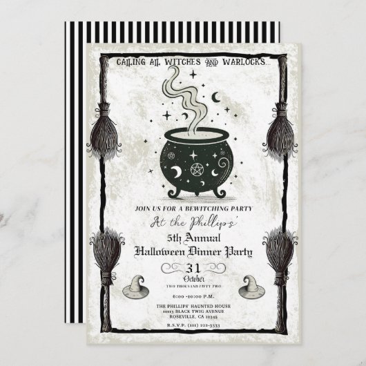 Vintage Hexen Cauldron Halloween Abendessen Party Einladung (Vorne/Hinten)