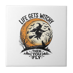 Vintage-Hexen-Shirt Retro-Halloween fliegende Hexe Fliese