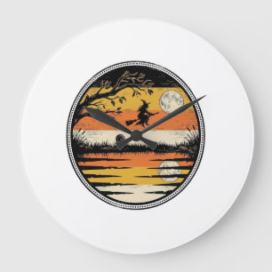 Vintage-Hexen-Sonnenuntergang-Halloween-Vektordesi Große Wanduhr