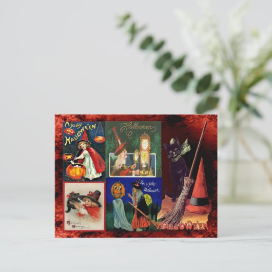 Vintage Hexen und Schwarze Katzen Postkarte (Stehend Vorderseite)