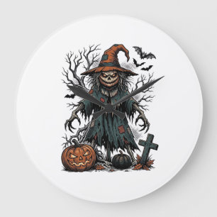 Vintage-Hexen-Vogelscheuche-Halloween-Kürbis-Shirt Große Wanduhr