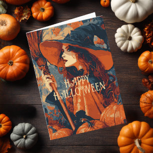 Vintage Hexenbesen Kürbis Elegantes Halloween  Karte