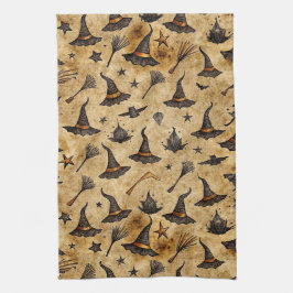 Vintage Hexenhats & Broomsticks Halloween Muster Geschirrtuch