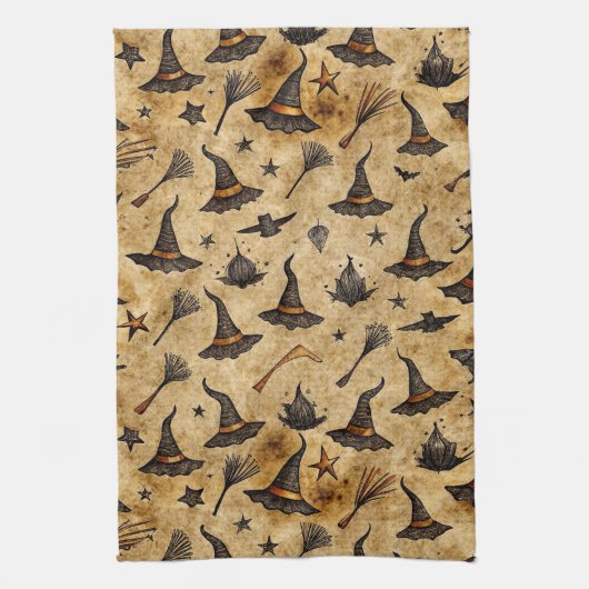 Vintage Hexenhats & Broomsticks Halloween Muster Geschirrtuch (Vertikal)