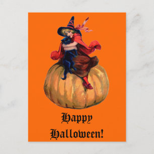 Vintage Hexenkarte und Schwarze Katze Halloween-Ka Feiertagspostkarte
