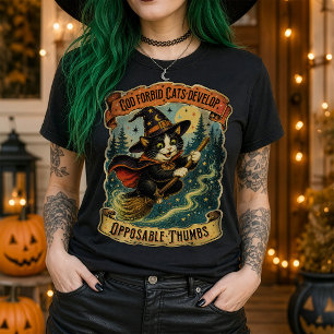 Vintage-Hexenkatze fliegt auf Besenstiel Halloween T-Shirt