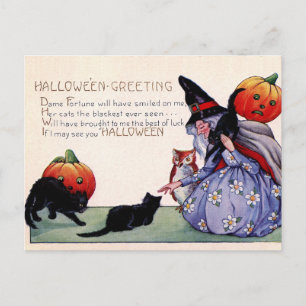 Vintage Hexenkatze Owl Halloween Postkarte