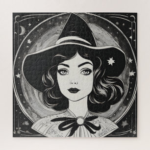 Vintage-Hexenporträt Schwarz-Weiß Retro Puzzle