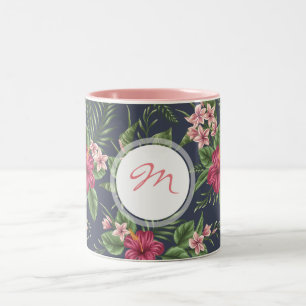 Vintage-Hibiskus-Dunkelmuster-Monogramm-Tasse Zweifarbige Tasse