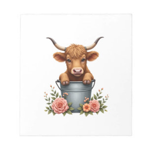 Vintage Highland Cow Blumenmarkt-Design mit Blumen Notizblock