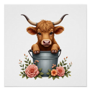 Vintage Highland Cow Blumenmarkt-Design mit Blumen Poster