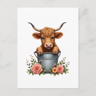 Vintage Highland Cow Blumenmarkt-Design mit Blumen Postkarte