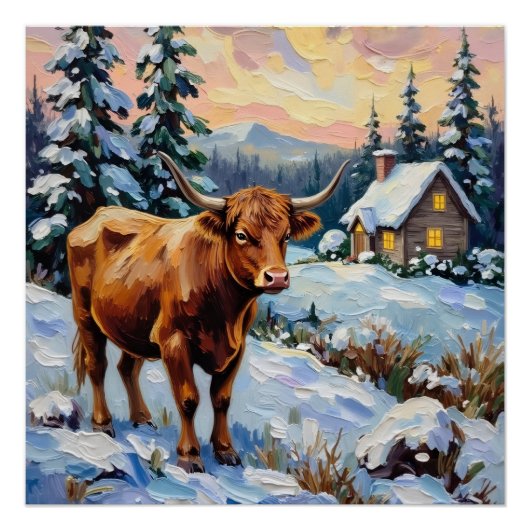 Vintage Highland Cow in Snowy Christmas Meadow Poster (Vorderseite)
