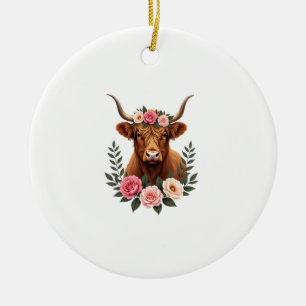 Vintage Highland-Kuh-Blumenkrone-Boho-Bauernhaus A Keramik Ornament