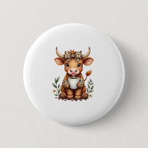 Vintage Highland-Kuh Coffee-Liebhaber Wasserfarbe  Button