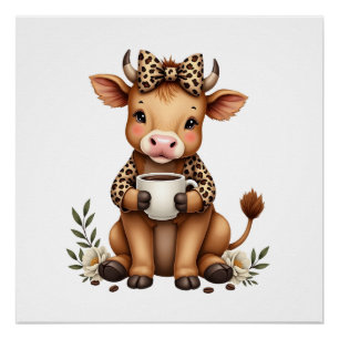 Vintage Highland-Kuh Coffee Lover Wasserfarbe Süß Poster