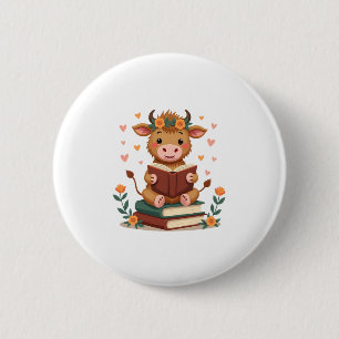 Vintage Highland-Kuh liest Bücher Floral Süße Büch Button