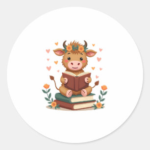 Vintage Highland-Kuh liest Bücher Floral Süße Büch Runder Aufkleber