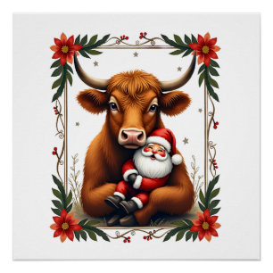 Vintage Highland-Kuh Santa Umarmung Weihnachten Ru Poster