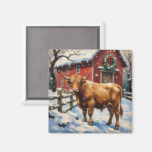Vintage Highland-Rind am schneebedeckten Weihnacht Magnet