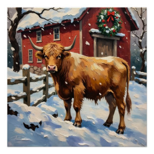 Vintage Highland-Rind am schneebedeckten Weihnacht Poster