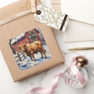Vintage Highland-Rind am schneebedeckten Weihnacht Quadratischer Aufkleber