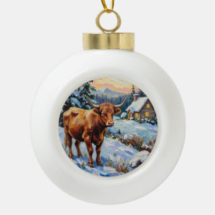 Vintage Highland-Rind in schneebedeckter Weihnacht Keramik Kugel-Ornament