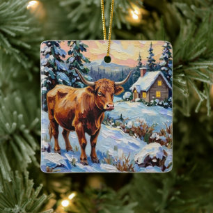Vintage Highland-Rind in schneebedeckter Weihnacht Keramikornament
