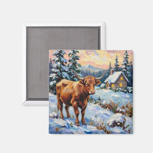 Vintage Highland-Rind in schneebedeckter Weihnacht Magnet