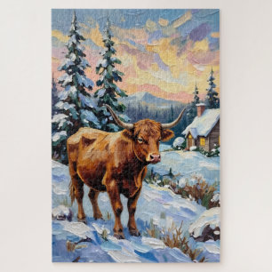 Vintage Highland-Rind in schneebedeckter Weihnacht Puzzle