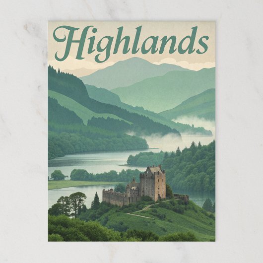 Vintage Highlands Misty Loch & Castle Postkarte