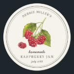 Vintage Himbeere, hausgemachte Marke Jam Jar Runder Aufkleber<br><div class="desc">Elegante Personalisierte,  handgemalte Aquarell Vintager Stil Raspberry Jam Jar Label auf weißem Hintergrund. Verwenden Sie für Ihre hausgemachten Marmeladen oder alles,  was Sie wählen. Macht ein großartiges Geschenk. Füllen Sie Ihre Informationen auf Etikett aus und genießen Sie.</div>