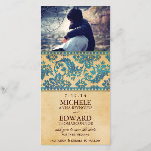 Vintage Himmelblauer Damast-Spitzen-Anhänger 'Save Save The Date