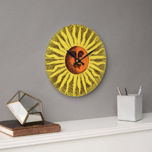 Vintage Himmelsgelbe lächelnd glückliche Hippie Su Große Wanduhr