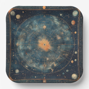 Vintage Himmelskarte mit Zodiac und Planetär Pappteller