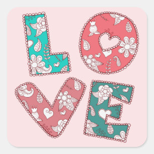 Vintage-Hippie-Liebe grüne und rosa florale Aufkle Quadratischer Aufkleber