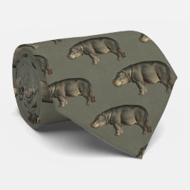 Vintage Hippos on Army Green Linen Krawatte