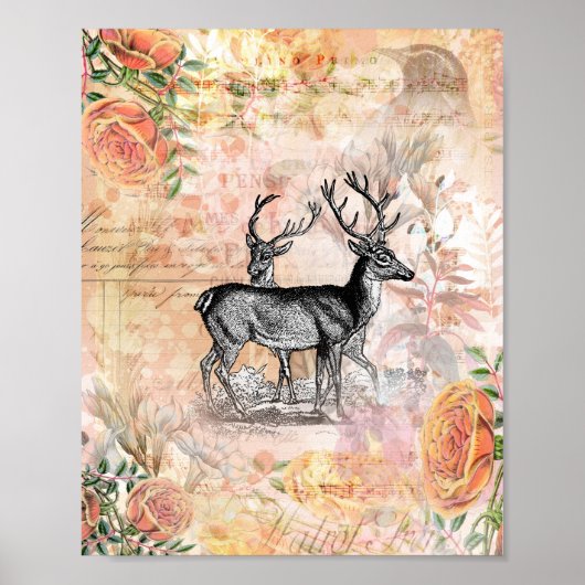 Vintage-Hirsch-Blumen-Collage Poster (Vorne)