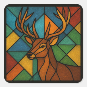 Vintage-Hirsch-Tiffany-Stil-Buntglas-Design Quadratischer Aufkleber