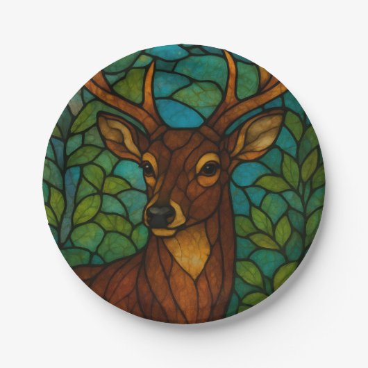 Vintage-Hirsch-Tiffany-Stil-Buntglas-Kunst Pappteller (Vorderseite)