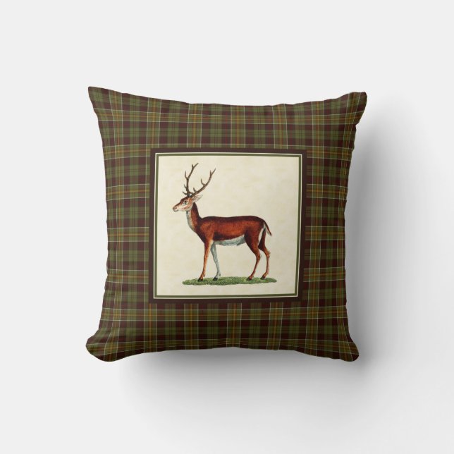 Vintage-Hirschbock mit rustikaler Moos-Fall-Plaid- Kissen (Vorderseite)