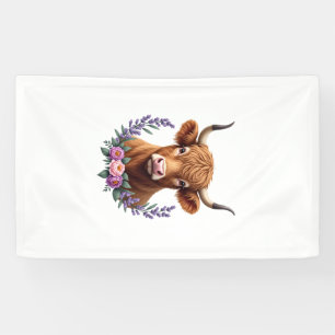 Vintage-Hochland-Kuh-Blumenkranz Süß Rustikal weit Banner