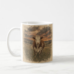 Vintage-Hochlandkuh-Sonnenuntergangs-Illustration Kaffeetasse
