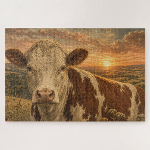 Vintage-Hochlandkuh-Sonnenuntergangs-Illustration Puzzle