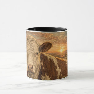 Vintage-Hochlandkuh-Sonnenuntergangs-Illustration Tasse