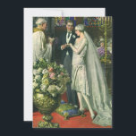 Vintage Hochzeit, Braut und Bräutigam mit Menorah<br><div class="desc">Vintage Illustration Liebe und romanische Hochzeitszeremonie mit einem Ehepaar,  das in einer schönen Synagoge mit Buntglasfenstern,  Blume und einer sieben Zweigstellen-Menorah heiraten wird. Die Braut trägt ein langes weißes Hochzeitskleid und der Bräutigam ist gut aussehend in seinem Smoking.</div>